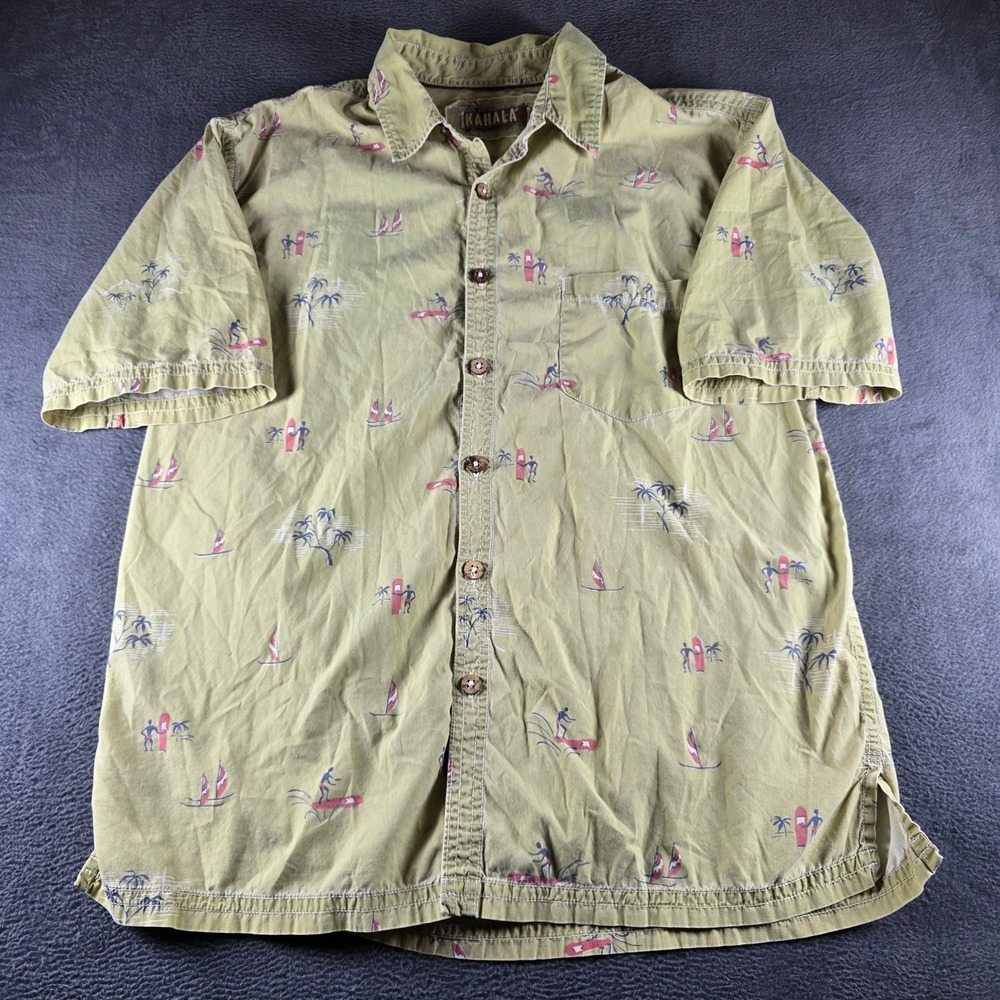 Kahala Mens Large Cotton Short Sleeve Button Down Shirt Surfer Palm Tree Green